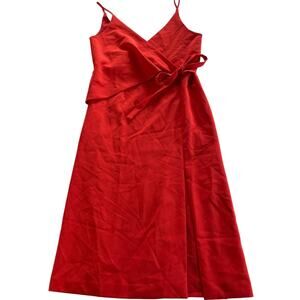 WEME Dress Womens Medium Solid Red V Neck Midi Sleeveless Tie Waist Boutique